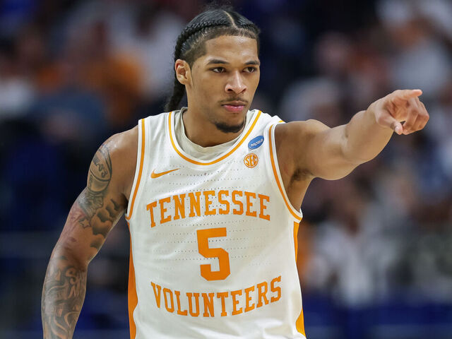LEXINGTON, KENTUCKY - MARCH 22: Zakai Zeigler #5 of the Tennessee Volunteers points to the bench during the second half against the UCLA Bruins in the NCAA men's basketball tournament Second Round at Rupp Arena on March 22, 2025 in Lexington, Kentucky.