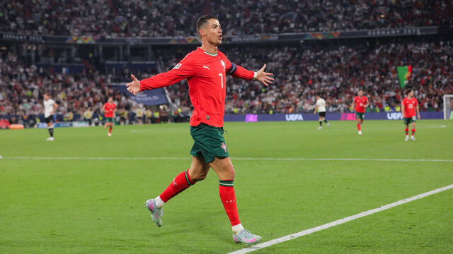 MUNICH, GERMANY - JUNE 04: Cristiano Ronaldo of Portugal celebrates the second goal for his team during the UEFA Nations League 2025 semifinal match between Germany and Portugal at Munich Football Arena on June 04, 2025 in Munich, Germany.