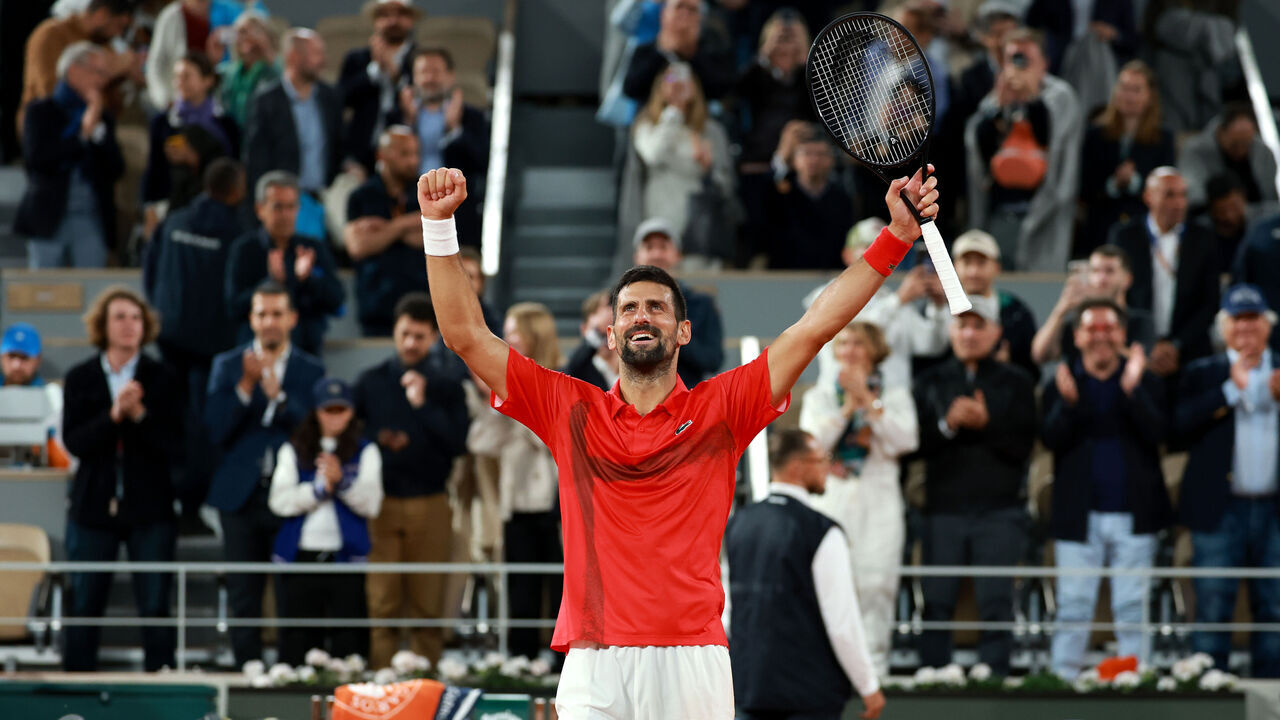 PARIS, FRANCE - JUNE 04: Novak Djokovic of Serbia celebrates victory against Alexander Zverev of Germany during the Men's Singles Quarter Final match on Day Eleven of the 2025 French Open at Roland Garros on June 04, 2025 in Paris, France.