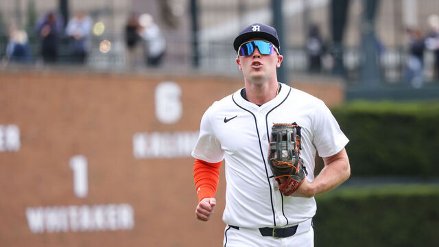 DETROIT, MI - MAY 28: Detroit Tigers left fielder Kerry Carpenter (30) jogs off of the field at an inning break during a regular season Major League Baseball game between the San Francisco Giants and the Detroit Tigers on May 28, 2025 at Comerica Park in Detroit, Michigan.