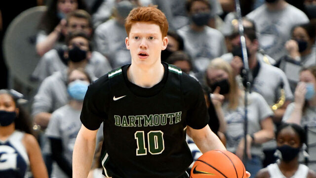 WASHINGTON, DC - NOVEMBER 13: Ryan Cornish #10 of the Dartmouth Big Green dribbles up court during a college basketball game against the Georgetown Hoyas at the Capital One Arena on November 13, 2021 in Washington, DC.