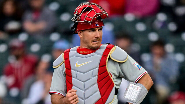 DENVER, CO - MAY 19: Philadelphia Phillies catcher J.T. Realmuto (10) looks on during a manager's challenge review during a game between the Philadelphia Phillies and the Colorado Rockies at Coors Field on May 19, 2025 in Denver, Colorado.