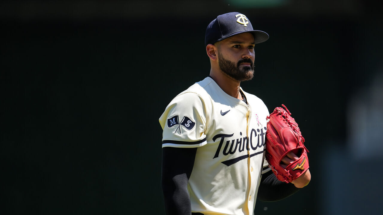MINNEAPOLIS, MN - MAY 11 : Pablo Lopez #49 of the Minnesota Twins looks on against the San Francisco Giants on May 11, 2025 at Target Field in Minneapolis, Minnesota.