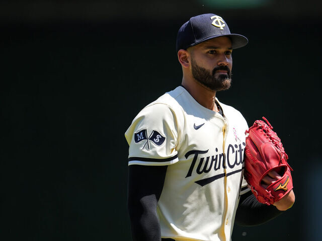MINNEAPOLIS, MN - MAY 11 : Pablo Lopez #49 of the Minnesota Twins looks on against the San Francisco Giants on May 11, 2025 at Target Field in Minneapolis, Minnesota.