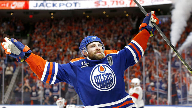 EDMONTON, CANADA - JUNE 04: Leon Draisaitl #29 of the Edmonton Oilers celebrates after scoring the game-winning goal to beat the Florida Panthers 4-3 during overtime in Game One of the 2025 Stanley Cup Final at Rogers Place on June 04, 2025 in Edmonton, Alberta, Canada.