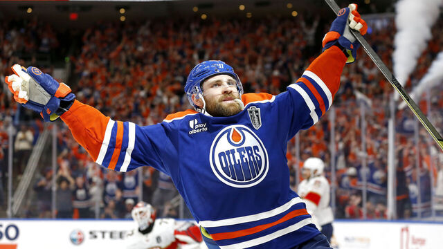 EDMONTON, CANADA - JUNE 04: Leon Draisaitl #29 of the Edmonton Oilers celebrates after scoring the game-winning goal to beat the Florida Panthers 4-3 during overtime in Game One of the 2025 Stanley Cup Final at Rogers Place on June 04, 2025 in Edmonton, Alberta, Canada.