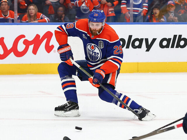 EDMONTON, AB - JUNE 04: Edmonton Oilers Center Leon Draisaitl (29) scores the game winner in overtime in game one of Stanley Cup Final Edmonton Oilers game versus the Florida Panthers on June 04, 2025 at Rogers Place in Edmonton, AB.