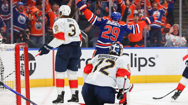 EDMONTON, AB - JUNE 04: Edmonton Oilers Center Leon Draisaitl (29) celebrates his game winning goal in overtime in game one of Stanley Cup Final Edmonton Oilers game versus the Florida Panthers on June 04, 2025 at Rogers Place in Edmonton, AB.