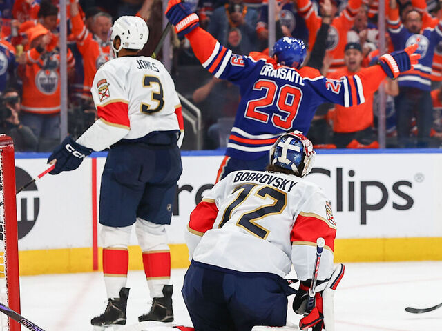 EDMONTON, AB - JUNE 04: Edmonton Oilers Center Leon Draisaitl (29) celebrates his game winning goal in overtime in game one of Stanley Cup Final Edmonton Oilers game versus the Florida Panthers on June 04, 2025 at Rogers Place in Edmonton, AB.