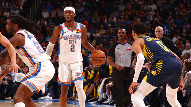 OKLAHOMA CITY, OK - MARCH 29: Tyrese Haliburton #0 of the Indiana Pacers plays defense on Shai Gilgeous-Alexander #2 of the Oklahoma City Thunder on March 29, 2025 at Paycom Center in Oklahoma City, Oklahoma. Mandatory Copyright Notice: Copyright 2025 NBAE