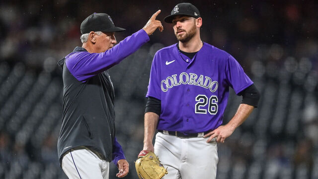DENVER, CO - JULY 31: Austin Gomber #26 of the Colorado Rockies reacts as Bud Black #10 of the Colorado Rockies makes a pitching change in the seventh inning against the San Diego Padres at Coors Field on July 31, 2023 in Denver, Colorado.