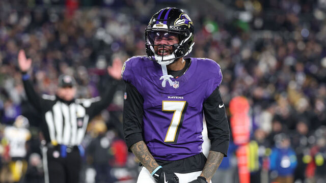 BALTIMORE, MARYLAND - JANUARY 11: Rashod Bateman #7 of the Baltimore Ravens celebrates a touchdown during the first quarter against the Pittsburgh Steelers during the AFC Wild Card Playoff at M&T Bank Stadium on January 11, 2025 in Baltimore, Maryland.