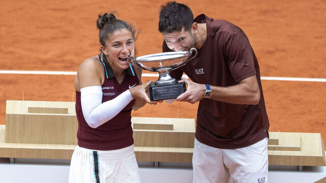PARIS, FRANCE - JUNE 5: Sara Errani and Andrea Vavassori of Italy celebrate with the winners trophy after their victory against Taylor Townsend and Evan King of the United States in the Mixed Doubles Final on Court Philippe-Chatrier during the 2025 French Open Tennis Tournament at Roland Garros on June 5th, 2025, in Paris, France.