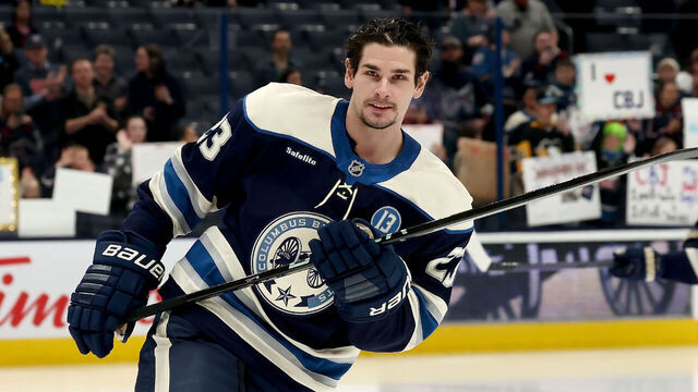 COLUMBUS, OHIO - APRIL 17: Sean Monahan #23 of the Columbus Blue Jackets warms up prior to the start of the game against the New York Islanders at Nationwide Arena on April 17, 2025 in Columbus, Ohio.