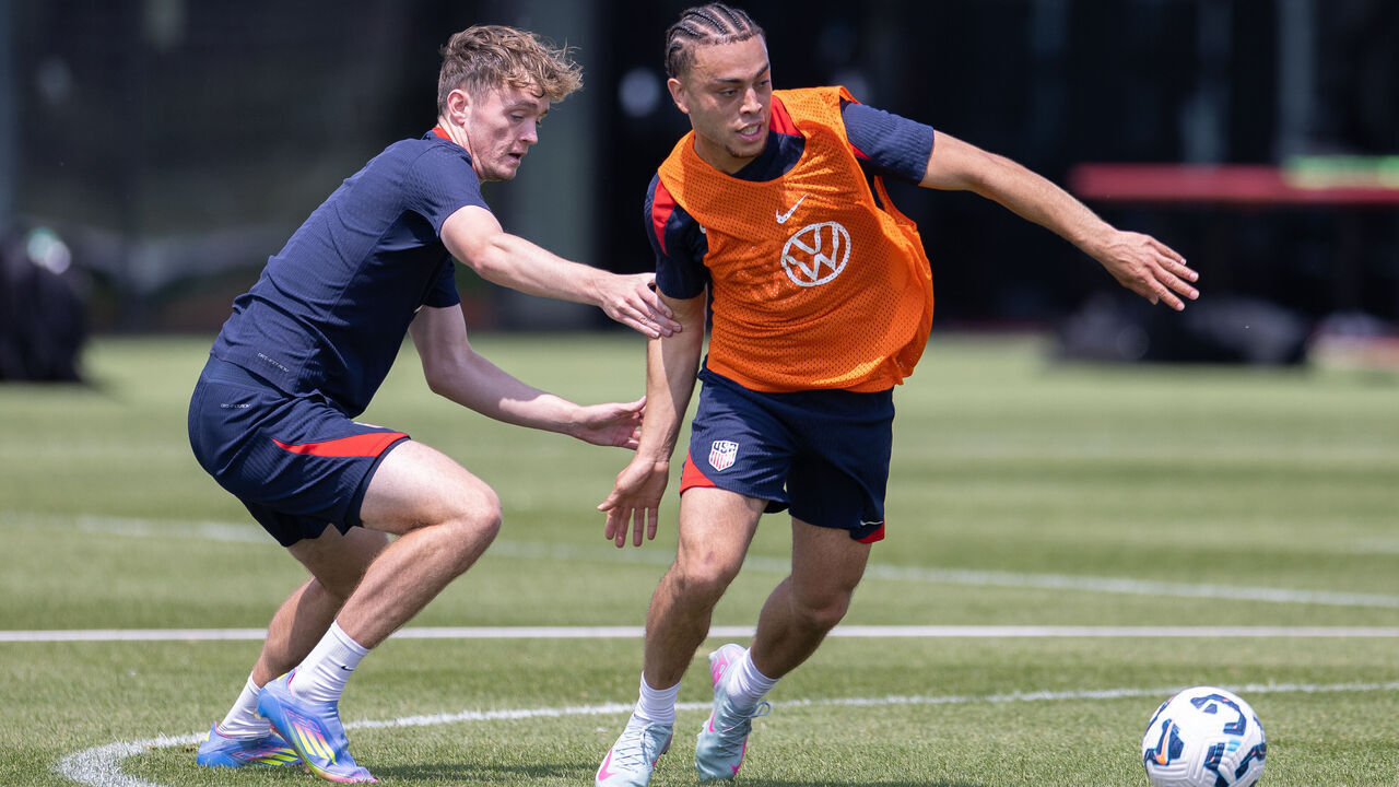 CHICAGO, IL - JUNE 3: Jack McGlynn and Sergino Dest of the United States battles for the ball during USMNT Training at Performance Center Endeavor Health on June 3, 2025 in Chicago , Illinois.