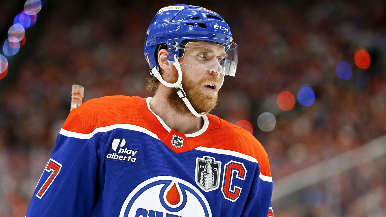 EDMONTON, CANADA - JUNE 04: Connor McDavid #97 of the Edmonton Oilers looks on during the third period against the Florida Panthers in Game One of the 2025 Stanley Cup Final at Rogers Place on June 04, 2025 in Edmonton, Alberta, Canada.
