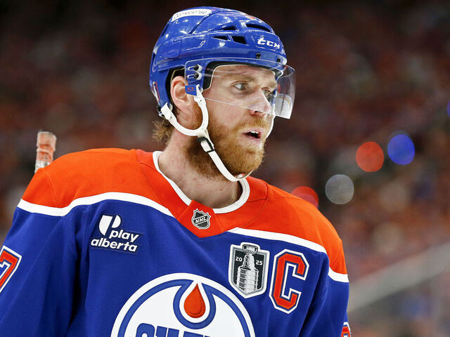EDMONTON, CANADA - JUNE 04: Connor McDavid #97 of the Edmonton Oilers looks on during the third period against the Florida Panthers in Game One of the 2025 Stanley Cup Final at Rogers Place on June 04, 2025 in Edmonton, Alberta, Canada.