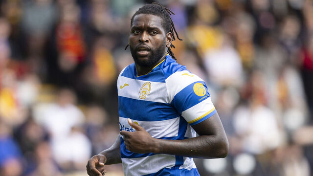 GLASGOW, SCOTLAND - AUGUST 03: Jay Emmanuel-Thomas in action for Morton during a William Hill Championship match between Partick Thistle and Greenock Morton at the Wyre Stadium at Firhill, on August 03, 2024, in Glasgow, Scotland.