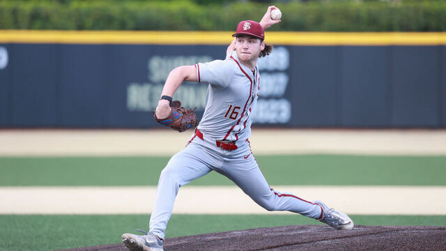 WINSTON SALEM, NORTH CAROLINA - APRIL 19: Jamie Arnold #16 of the Florida State Seminoles makes a pitch against the Wake Forest Demon Deacons at David F. Couch Ballpark on April 19, 2024 in Winston Salem, North Carolina.