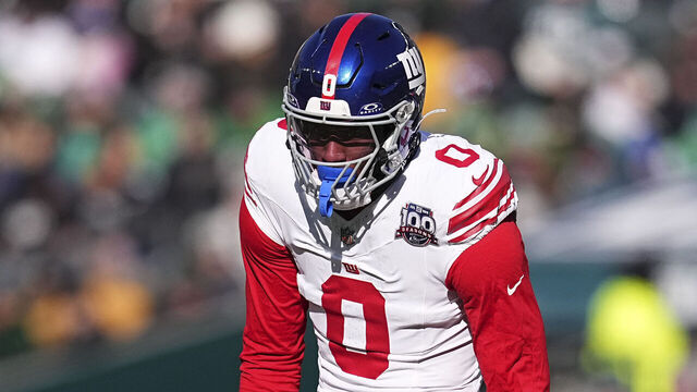 PHILADELPHIA, PENNSYLVANIA - JANUARY 5: Brian Burns #0 of the New York Giants looks on against the Philadelphia Eagles at Lincoln Financial Field on January 5, 2025 in Philadelphia, Pennsylvania.
