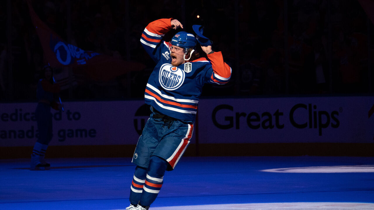 EDMONTON, CANADA - JUNE 4: Kasperi Kapanen #42 of the Edmonton Oilers is awarded third star of the game after Game One of the 2025 Stanley Cup Final against the Florida Panthers at Rogers Place on June 4, 2025, in Edmonton, Canada.
