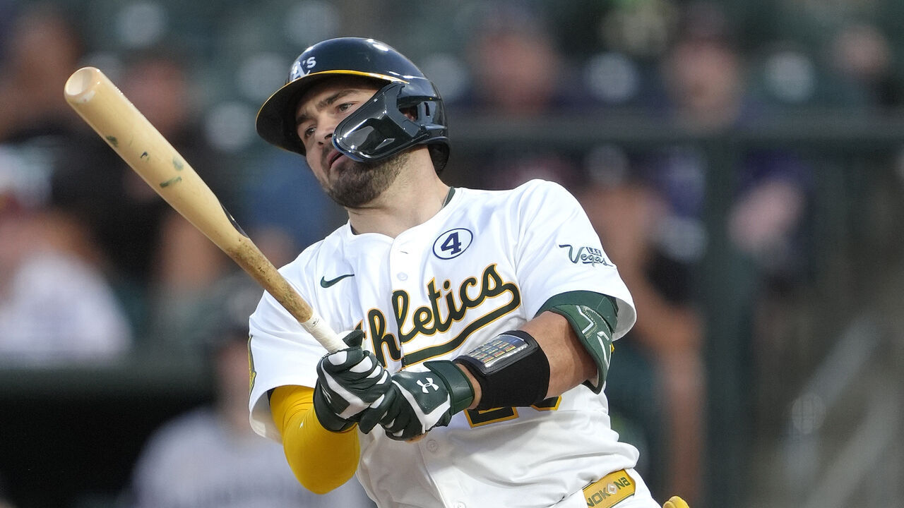 SACRAMENTO, CALIFORNIA - JUNE 02: Shea Langeliers #23 of the Athletics bats against the Minnesota Twins in the bottom of the third inning of a major league baseball game at Sutter Health Park on June 02, 2025 in Sacramento, California.