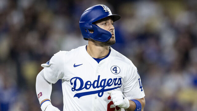Los Angeles, CA - June 02: Los Angeles Dodgers outfielder Michael Conforto flies out as the Dodgers take on the New York Mets to kick off a four-game series at Dodger Stadium on Monday, June 2, 2025 in Los Angeles, CA. (Luke Johnson / Los Angeles Times via Getty Images)