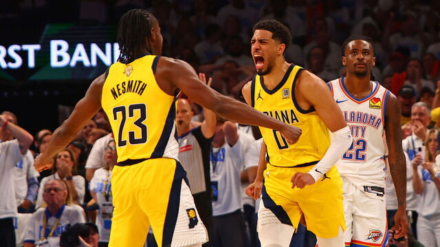 OKLAHOMA CITY, OK - JUNE 5: Tyrese Haliburton #0 celebrates with Aaron Nesmith #23 of the Indiana Pacers after scoring the game winning basket against the Oklahoma City Thunder during Game One of the 2025 NBA Finals on June 5, 2025 at Paycom Center in Oklahoma City, Oklahoma. Mandatory Copyright Notice: Copyright 2025 NBAE