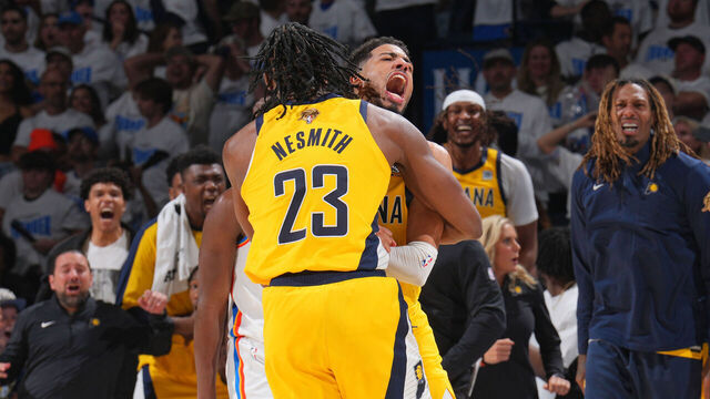 OKLAHOMA CITY, OK - JUNE 5: Tyrese Haliburton #0 of the Indiana Pacers celebrates after scoring the game winning basket during the game against the Oklahoma City Thunder during Game One of the 2025 NBA Finals on June 5, 2025 at Paycom Center in Oklahoma City, Oklahoma. Mandatory Copyright Notice: Copyright 2025 NBAE