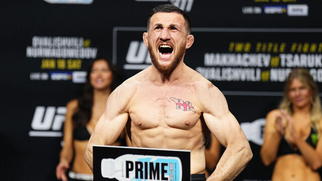 INGLEWOOD, CALIFORNIA - JANUARY 17: Merab Dvalishvili of Georgia poses on the scale during the UFC 311 ceremonial weigh-in at Intuit Dome on January 17, 2025 in Inglewood, California.
