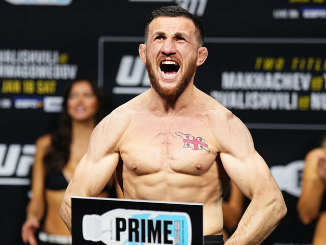 INGLEWOOD, CALIFORNIA - JANUARY 17: Merab Dvalishvili of Georgia poses on the scale during the UFC 311 ceremonial weigh-in at Intuit Dome on January 17, 2025 in Inglewood, California.