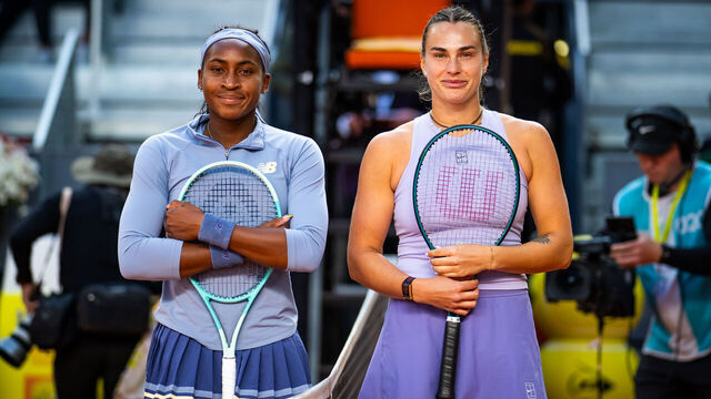 MADRID, SPAIN - MAY 03: Coco Gauff of the United States and Aryna Sabalenka pose for a photo before the womens singles final on Day Twelve of the Mutua Madrid Open at La Caja Magica on May 03, 2025 in Madrid, Spain