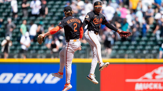 SEATTLE, WA - JUNE 05: Jordyn Adams #80 and Gunnar Henderson #2 of the Baltimore Orioles celebrate after defeating the Seattle Mariners at T-Mobile Park on Thursday, June 5, 2025 in Seattle, Washington.