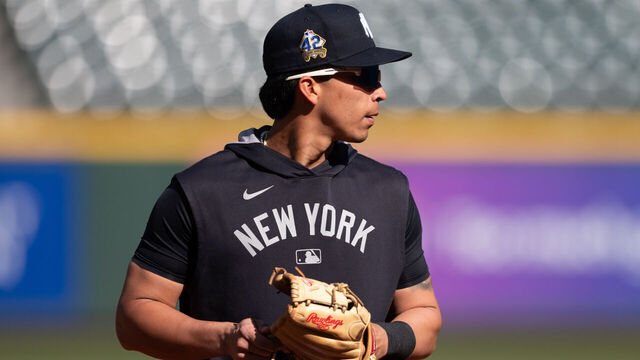 SEATTLE, WA - MAY 12: Oswaldo Cabrera #95 of New York Yankees warms up prior to the game between the New York Yankees and the Seattle Mariners at T-Mobile Park on Monday, May 12, 2025 in Seattle, Washington.
