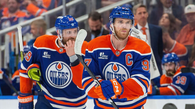 EDMONTON, CANADA - MAY 27: Connor McDavid #97 of the Edmonton Oilers awaits a face-off during Game Four of the Western Conference Finals of the 2025 Stanley Cup Playoffs against the Dallas Stars at Rogers Place on May 27, 2025, in Edmonton, Alberta, Canada.