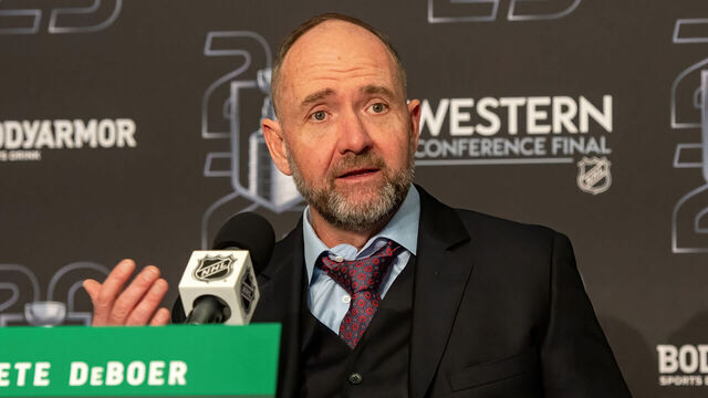 EDMONTON, CANADA - MAY 27: Head Coach Peter DeBoer of the Dallas Stars addresses the media after his team's loss to the Edmonton Oilers in Game Four of the Western Conference Finals of the 2025 Stanley Cup Playoffs at Rogers Place on May 27, 2025, in Edmonton, Alberta, Canada.