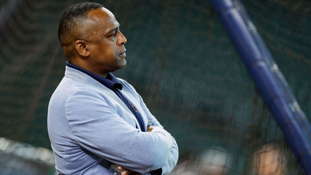 HOUSTON, TEXAS - SEPTEMBER 24: General manager Dana Brown watches batting practice before the game against the Seattle Mariners at Minute Maid Park on September 24, 2024 in Houston, Texas.