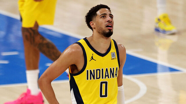 OKLAHOMA CITY, OKLAHOMA - JUNE 05: Tyrese Haliburton #0 of the Indiana Pacers reacts during the second quarter against the Oklahoma City Thunder during the second quarter in Game One of the 2025 NBA Finals at Paycom Center on June 05, 2025 in Oklahoma City, Oklahoma.
