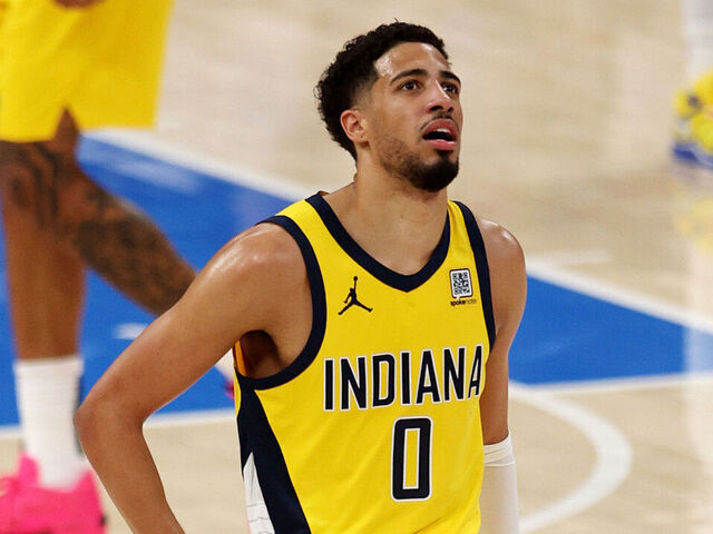 OKLAHOMA CITY, OKLAHOMA - JUNE 05: Tyrese Haliburton #0 of the Indiana Pacers reacts during the second quarter against the Oklahoma City Thunder during the second quarter in Game One of the 2025 NBA Finals at Paycom Center on June 05, 2025 in Oklahoma City, Oklahoma.