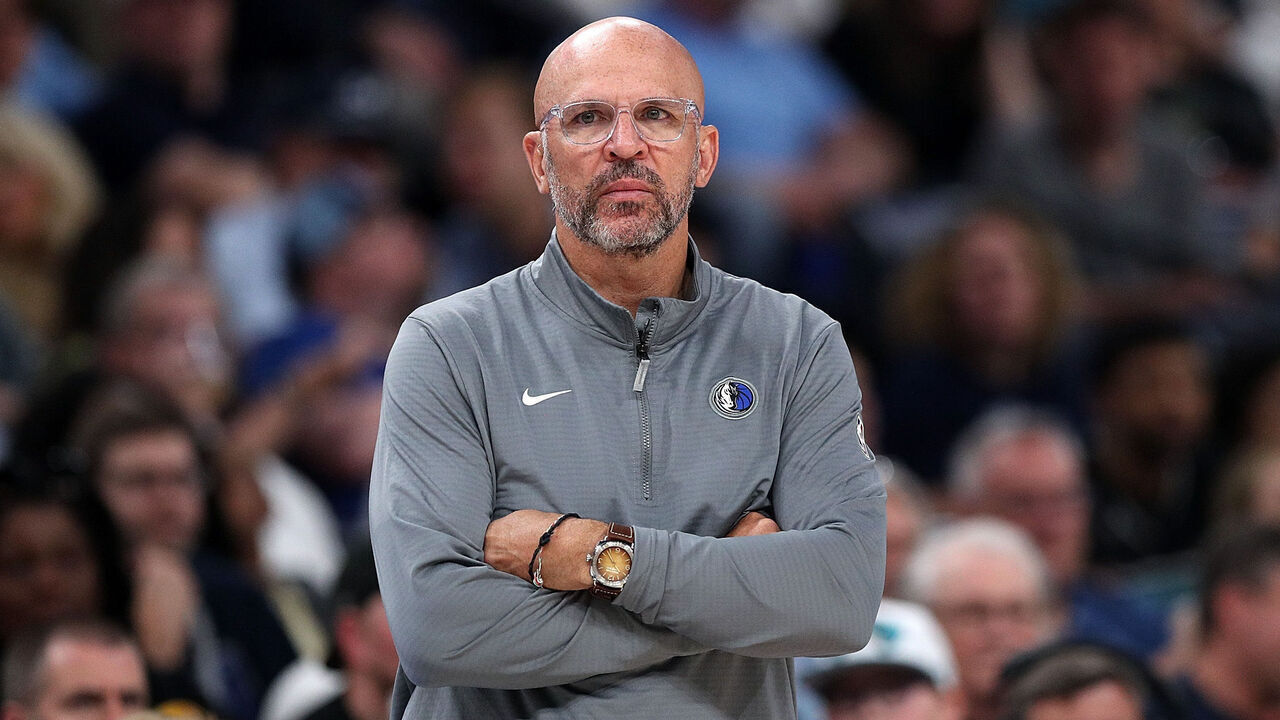 MEMPHIS, TENNESSEE - APRIL 18: Head Coach Jason Kidd of the Dallas Mavericks reacts against the Memphis Grizzlies during the game of the Play-In Tournament at FedExForum on April 18, 2025 in Memphis, Tennessee.