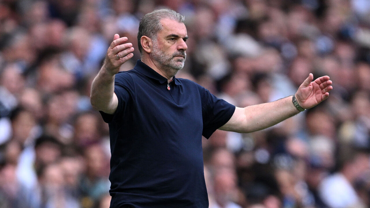 LONDON, ENGLAND - MAY 25: Ange Postecoglou, Manager of Tottenham Hotspur, reacts during the Premier League match between Tottenham Hotspur FC and Brighton & Hove Albion FC at Tottenham Hotspur Stadium on May 25, 2025 in London, England.