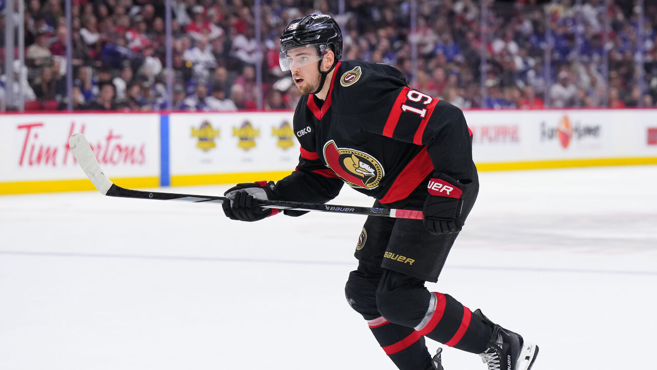 OTTAWA, CANADA - APRIL 26: Drake Batherson #19 of the Ottawa Senators skates against the Toronto Maple Leafs in Game Four of the First Round of the 2025 Stanley Cup Playoffs at Canadian Tire Centre on April 26, 2025 in Ottawa, Ontario, Canada.