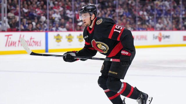 OTTAWA, CANADA - APRIL 26: Drake Batherson #19 of the Ottawa Senators skates against the Toronto Maple Leafs in Game Four of the First Round of the 2025 Stanley Cup Playoffs at Canadian Tire Centre on April 26, 2025 in Ottawa, Ontario, Canada.