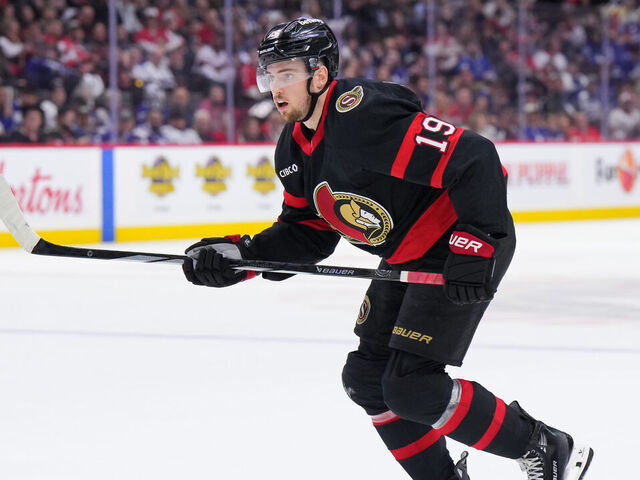 OTTAWA, CANADA - APRIL 26: Drake Batherson #19 of the Ottawa Senators skates against the Toronto Maple Leafs in Game Four of the First Round of the 2025 Stanley Cup Playoffs at Canadian Tire Centre on April 26, 2025 in Ottawa, Ontario, Canada.