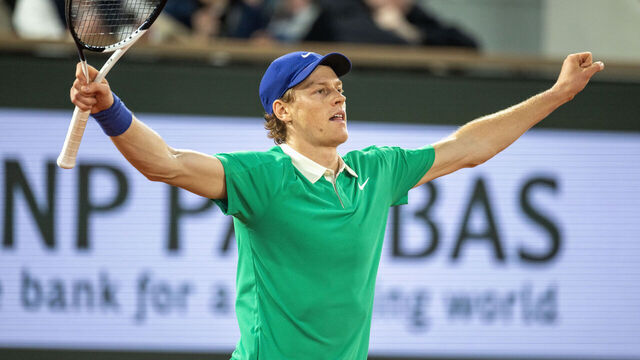 PARIS, FRANCE - JUNE 6: Jannik Sinner of Italy celebrates his victory against Novak Djokovic of Serbia in the semi-final of the Men's singles competition on Court Philippe-Chatrier during the 2025 French Open Tennis Tournament at Roland Garros on June 6th, 2025, in Paris, France.