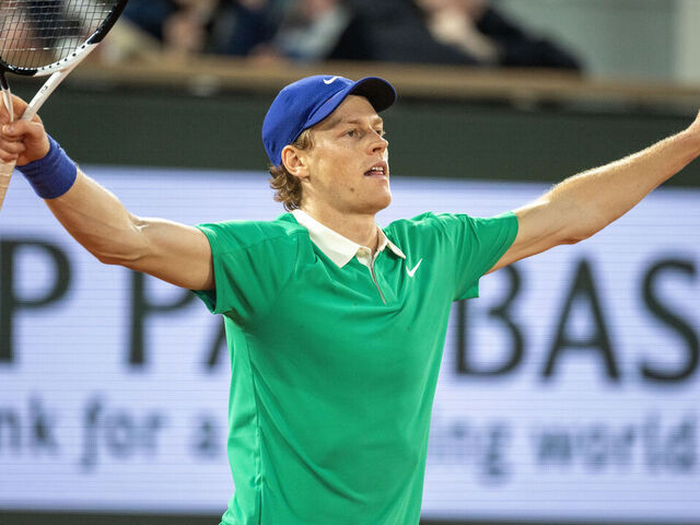 PARIS, FRANCE - JUNE 6: Jannik Sinner of Italy celebrates his victory against Novak Djokovic of Serbia in the semi-final of the Men's singles competition on Court Philippe-Chatrier during the 2025 French Open Tennis Tournament at Roland Garros on June 6th, 2025, in Paris, France.