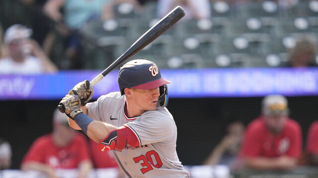 BALTIMORE, MD - MAY 17: Jacob Young #30 of the Washington Nationals prepares for a pitch during a baseball game against the Baltimore Orioles at Oriole Park at Camden Yards on May 17, 2025 in Baltimore, Maryland.