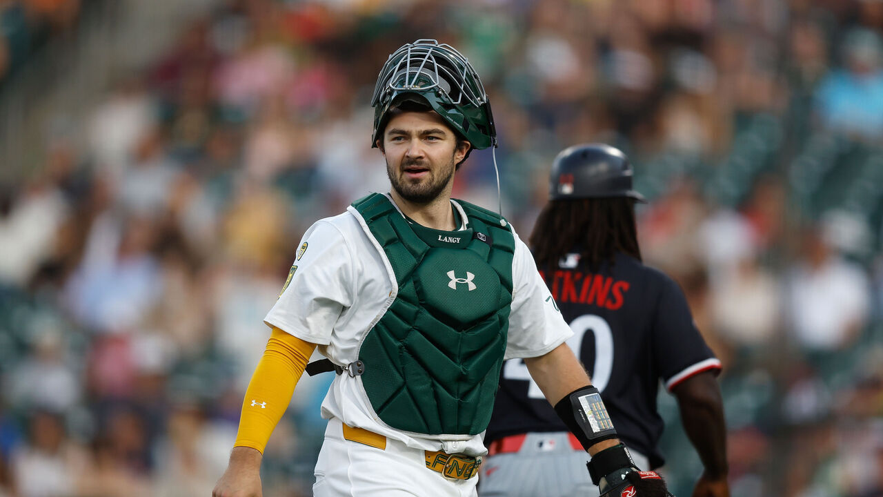 SACRAMENTO, CALIFORNIA - JUNE 04: Catcher Shea Langeliers #23 of the Athletics looks on during the game against the Minnesota Twins at Sutter Health Park on June 04, 2025 in Sacramento, California.