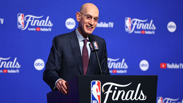 OKLAHOMA CITY, OK - JUNE 5: NBA Commissioner, Adam Silver speaks to the media during a press conference before Game One of the 2025 NBA Finals between the Indiana Pacers and the Oklahoma City Thunder on June 5, 2025 at Paycom Center in Oklahoma City, Oklahoma. Mandatory Copyright Notice: Copyright 2025 NBAE