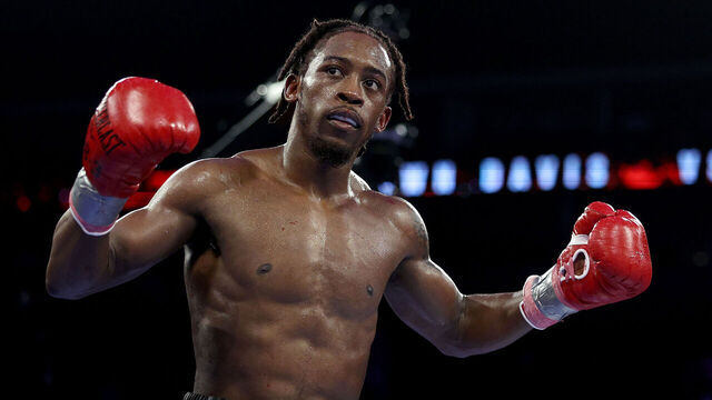 NEWARK, NEW JERSEY - APRIL 08: Keyshawn Davis of the United States reacts during his bout with Anthony Yigit of Sweden during their WBC and WBO Lightweight match at Prudential Center on April 08, 2023 in Newark, New Jersey.